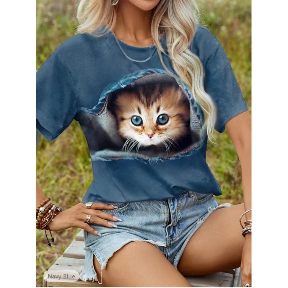 Women'S Fashion Graphic Tees - Funny Cat 3D Print Graphic T