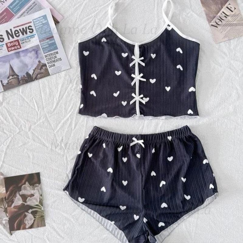 V Neck Cami Top - Sexy Heart Print Pajama Set for