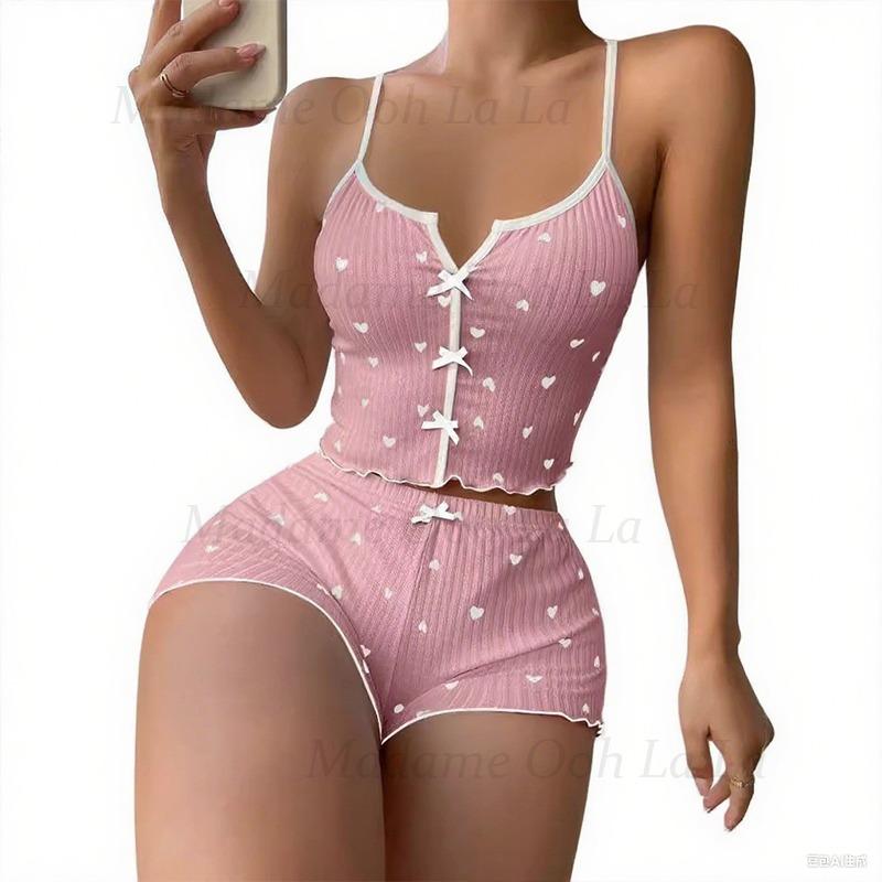 Sexy Heart Print Pajama Set fo - огляд і ціна V Neck Cami Top